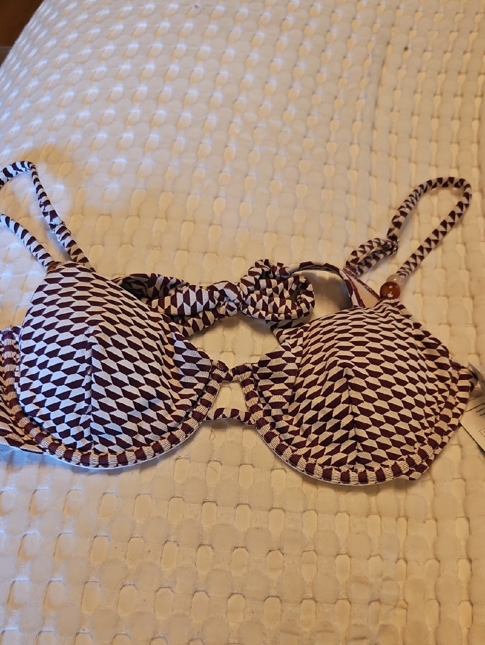 Geometric Print Padded Bikini Top - White & Burgundy Lg